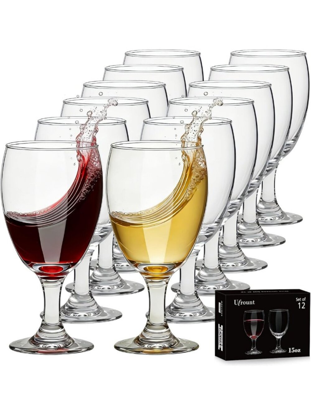 Elegant 15 oz Clear Wine Glasses - Set of 12 Water Goblets in Gift Box